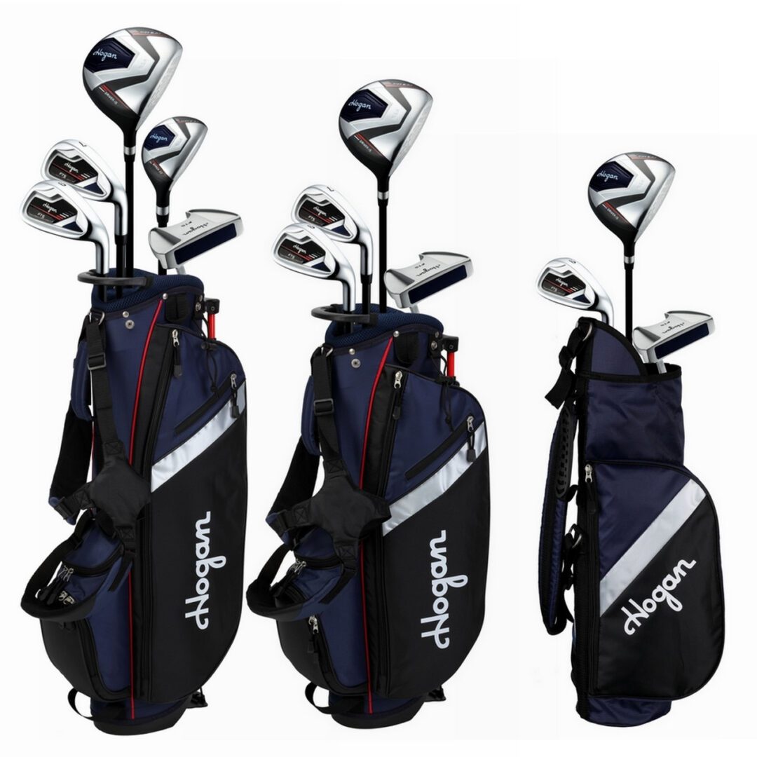 A set of golf clubs in three different bags.