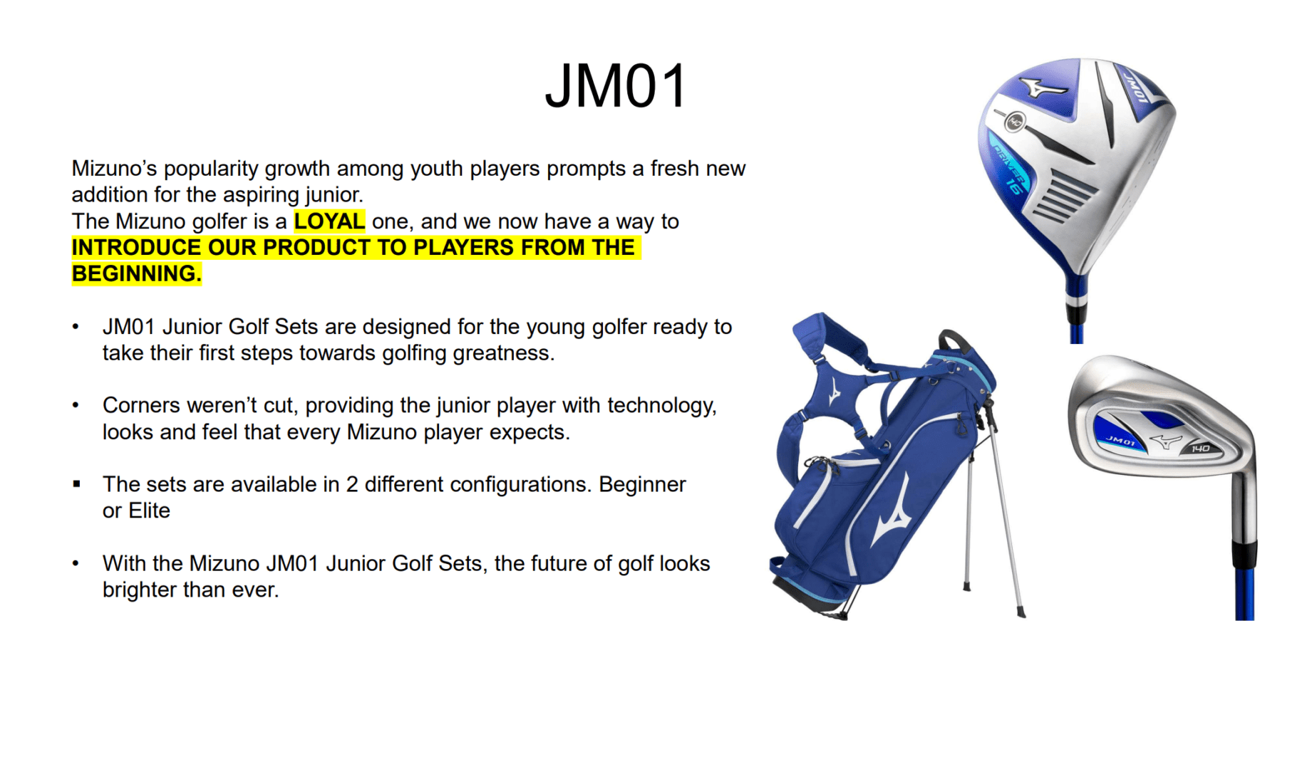 A picture of the product information for junior golf sets.