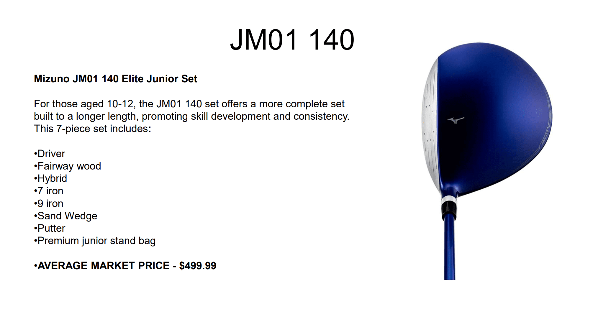 A blue and white picture of a package for a golf club.