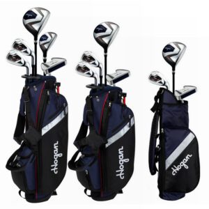 A set of golf clubs in three bags.