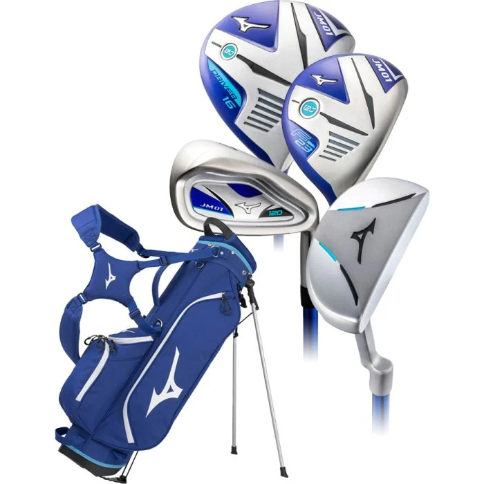 A blue and white golf bag, four clubs and a ball.