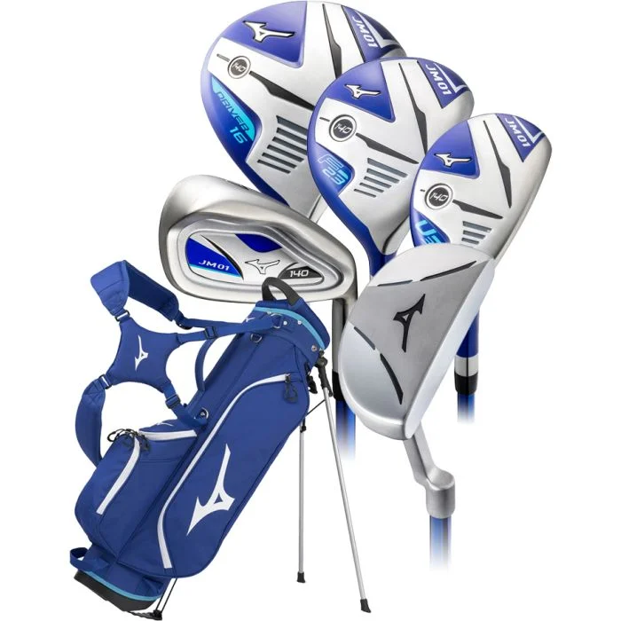 A set of golf clubs and bag with blue accents.